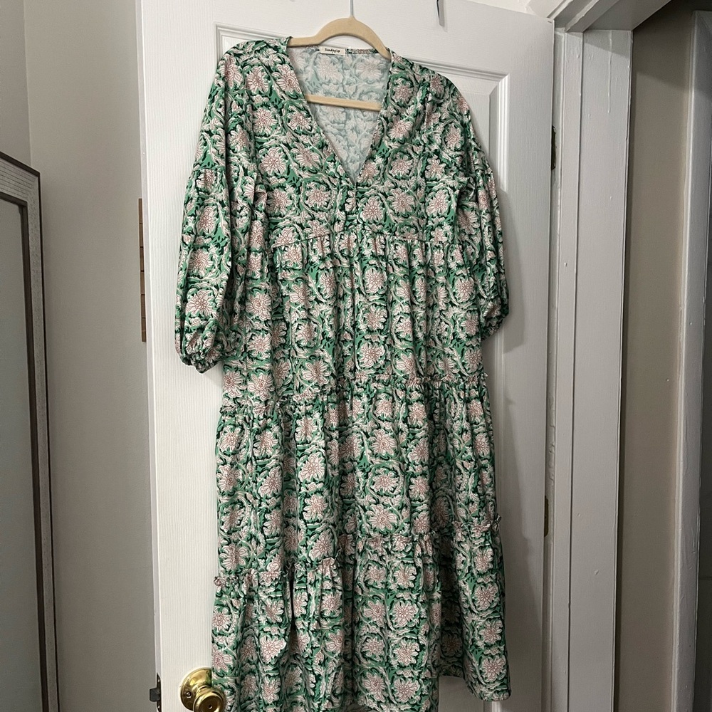 Floral Long Sleeve Dress - Green and Pink